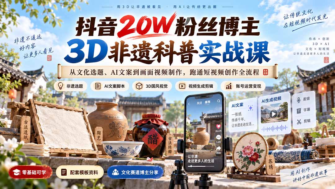 抖音20W粉丝博主3D非遗科普实战课:从文化选题、AI文案到画面视频制作,跑通短视频创作全流程-网创之家