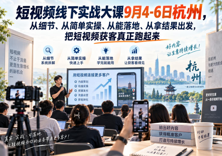 短视频线下实战大课9月4-6日杭州，从细节、从简单实操、从能落地、从拿结果出发，把短视频获客真正跑起来-网创之家