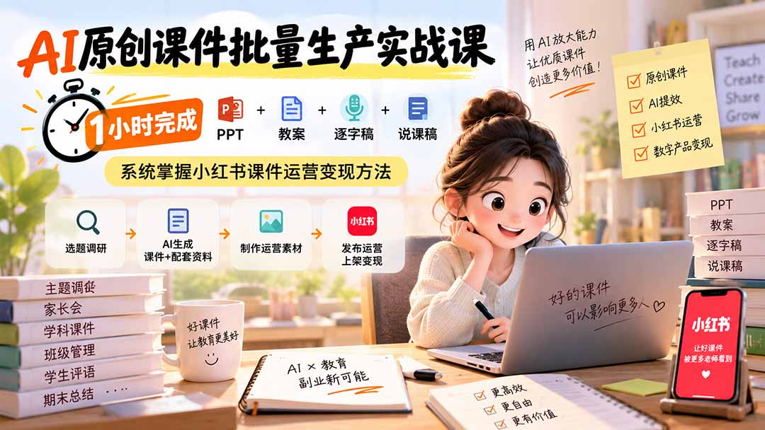 AI原创课件批量生产实战课：1小时完成PPT+教案+逐字稿+说课稿，系统掌握小红书课件运营变现方法-网创之家