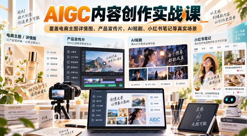AIGC内容创作实战课,覆盖电商主图详情图、产品宣传片、AI短剧、小红书笔记等真实场景-网创之家