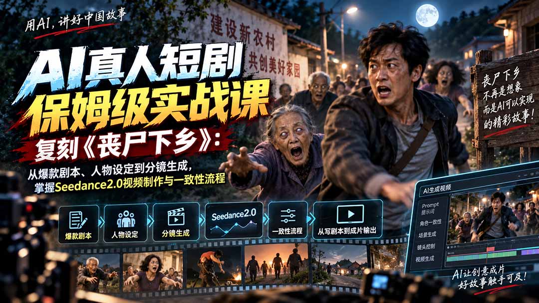 AI真人短剧保姆级实战课,复刻《丧尸下乡》:从爆款剧本、人物设定到分镜生成,掌握Seedance2.0视频制作与一致性流程-网创之家