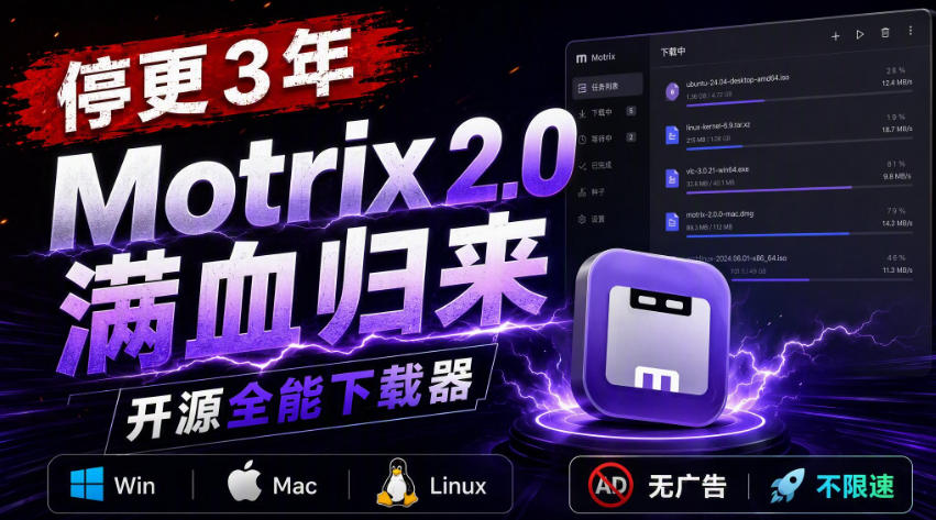 停更3年，Motrix 2.0满血归来：开源全能下载器，Win/Mac/Linux通吃，无广告不限速-网创之家