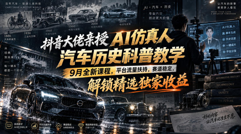 抖音大佬亲授AI仿真人汽车历史科普教学,9月全新课程,平台流量扶持,赛道稳定,解锁精选独家收益-网创之家