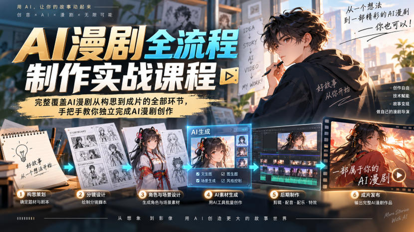 AI漫剧全流程制作实战课程，完整覆盖AI漫剧从构思到成片的全部环节，手把手教你独立完成AI漫剧创作-网创之家