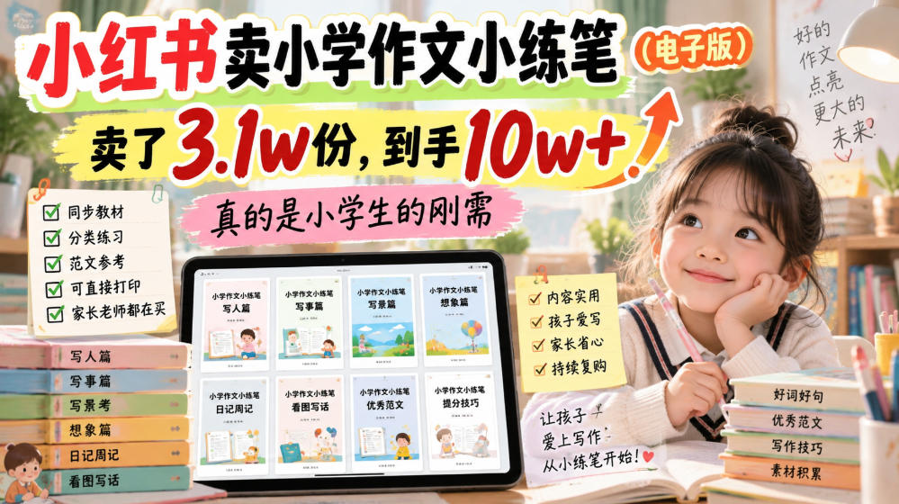 小红书卖小学作文小练笔(电子版)，卖了3.1w份，到手10w+，真的是小学生的刚需-网创之家