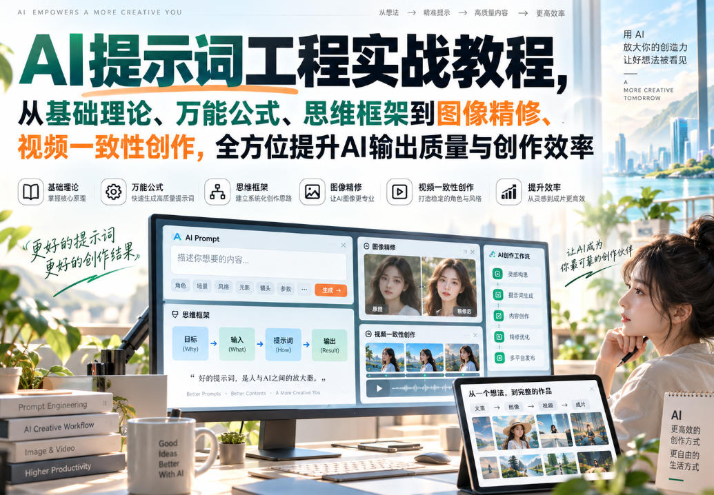 AI提示词工程实战教程,从基础理论、万能公式、思维框架到图像精修、视频一致性创作,全方位提升AI输出质量与创作效率-网创之家