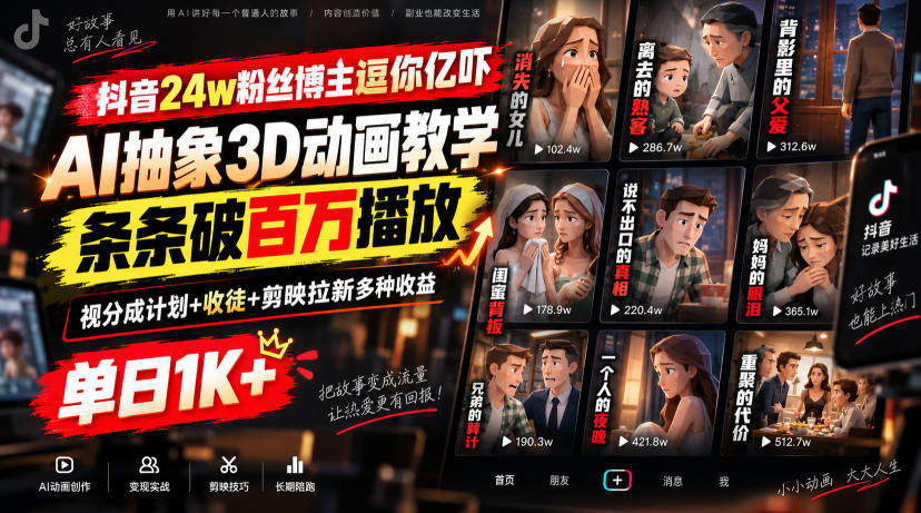 抖音24w粉丝博主逗你亿吓AI抽象3D动画教学,条条破百万播放,分成计划+收徒+剪映拉新多种收益,单日1K+-网创之家