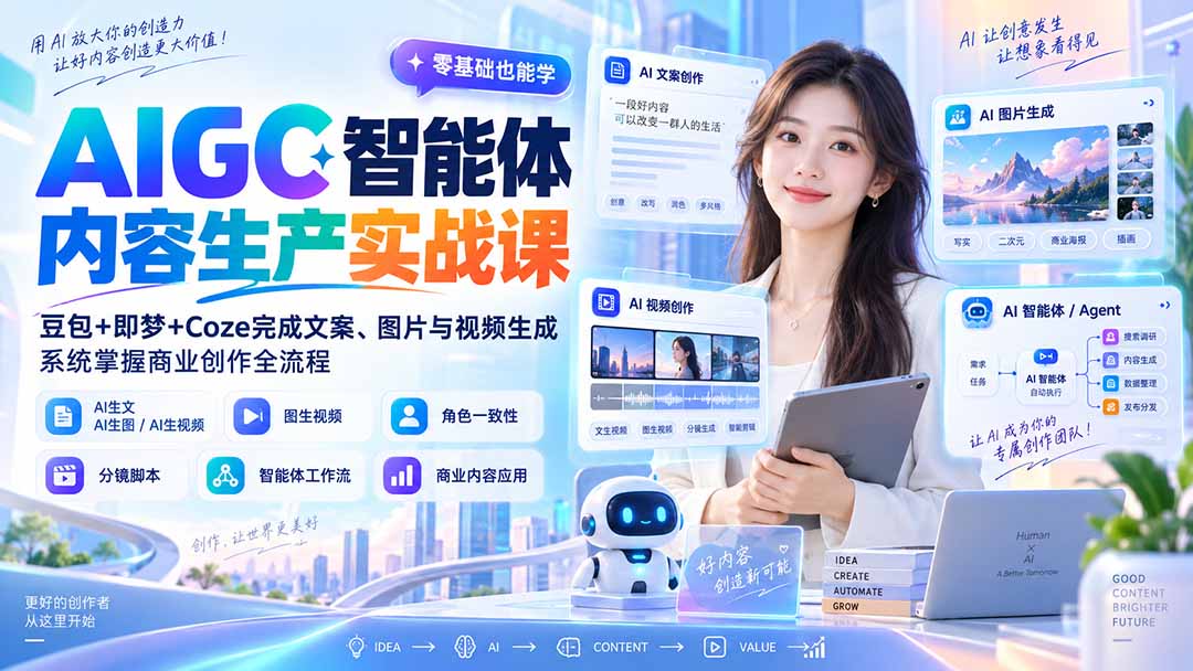 AIGC智能体内容生产实战课:豆包+即梦+Coze完成文案、图片与视频生成,系统掌握商业创作全流程-网创之家
