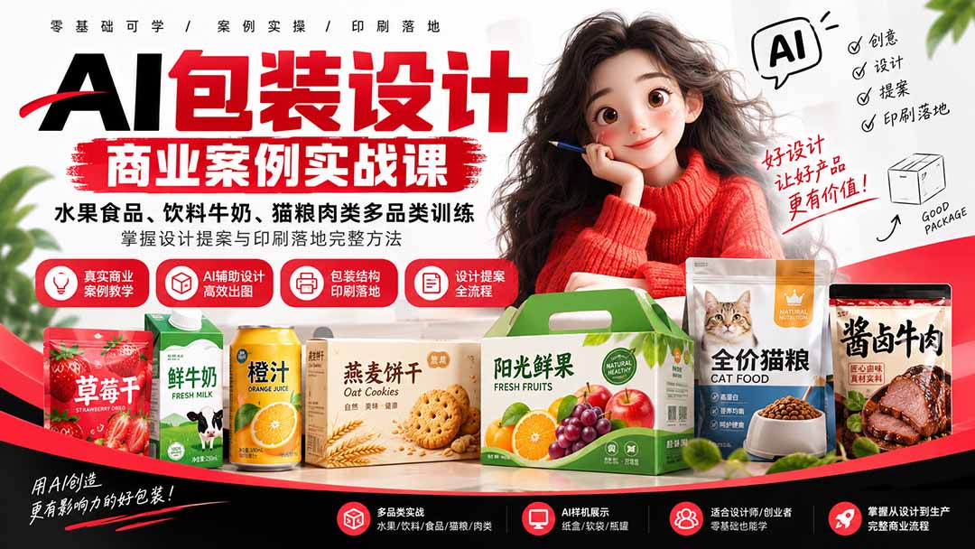 AI包装设计商业案例实战课:水果食品、饮料牛奶、猫粮肉类多品类训练,掌握设计提案与印刷落地完整方法-网创之家
