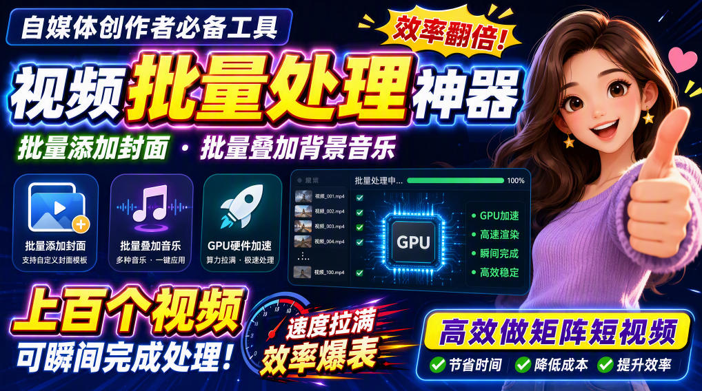 视频批量加封面，把封面添加到视频第一帧，不用剪辑软件批量添加-网创之家