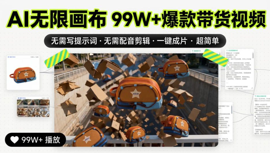 AI无限画布99W+爆款带货视频，无需写提示词·无需配音剪辑·一键成片·超简单-网创之家