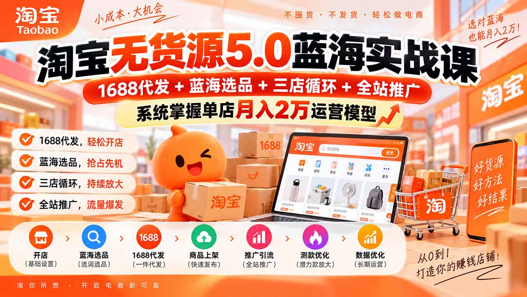 淘宝无货源5.0蓝海实战课-更新：1688代发+蓝海选品+三店循环+全站推广，系统掌握单店月入2万运营模型-网创之家