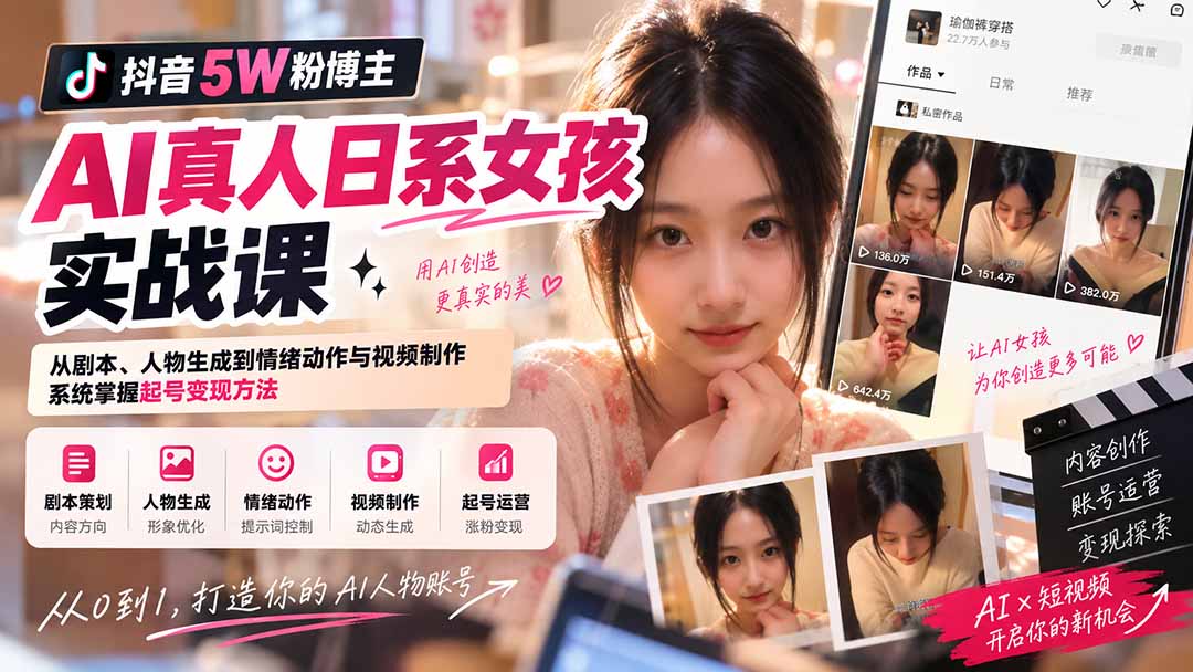 抖音5W粉博主AI真人日系女孩实战课:从剧本、人物生成到情绪动作与视频制作,系统掌握起号变现方法-网创之家