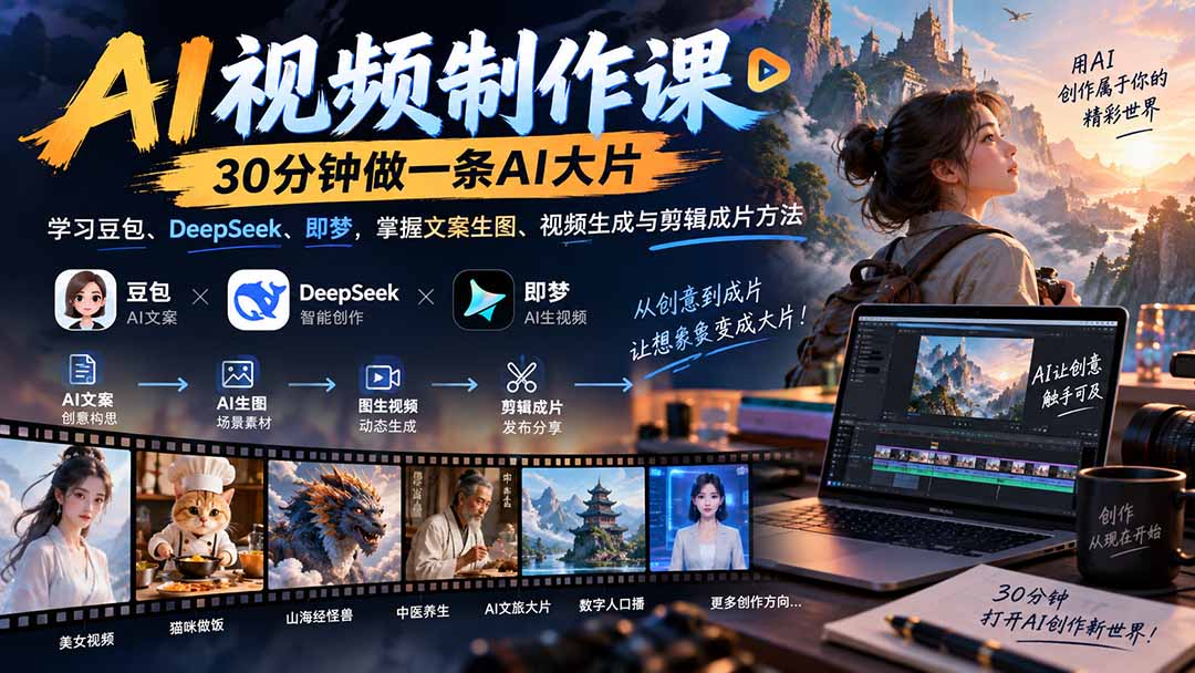 AI视频制作课-30分钟做一条AI大片:学习豆包、DeepSeek、即梦,掌握文案生图、视频生成与剪辑成片方法-网创之家