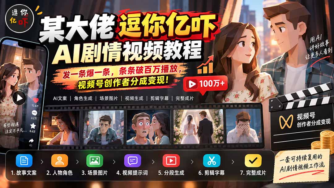某大佬逗你亿吓AI低模剧情视频制作教程:发一条爆一条,条条破百万播放,利用视频号创作者分成变现!-网创之家