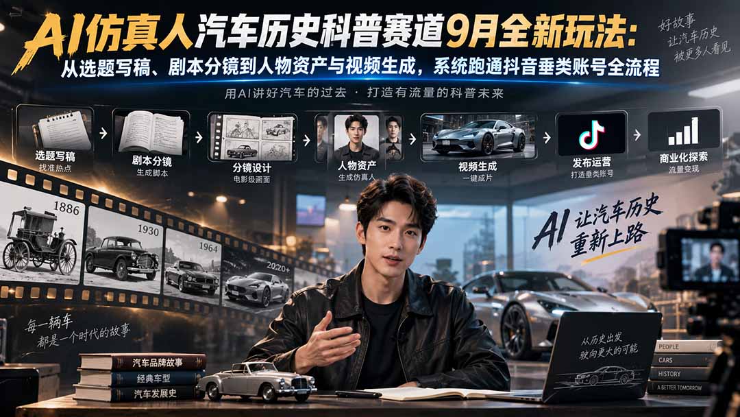 AI仿真人汽车历史科普赛道9月全新玩法:从选题写稿、剧本分镜到人物资产与视频生成,系统跑通抖音垂类账号全流程-网创之家