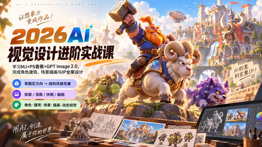 2026AI视觉设计进阶实战课-更新:学习MJ+PS香蕉+GPT Image 2.0,完成角色建筑、场景插画与IP全案设计-网创之家