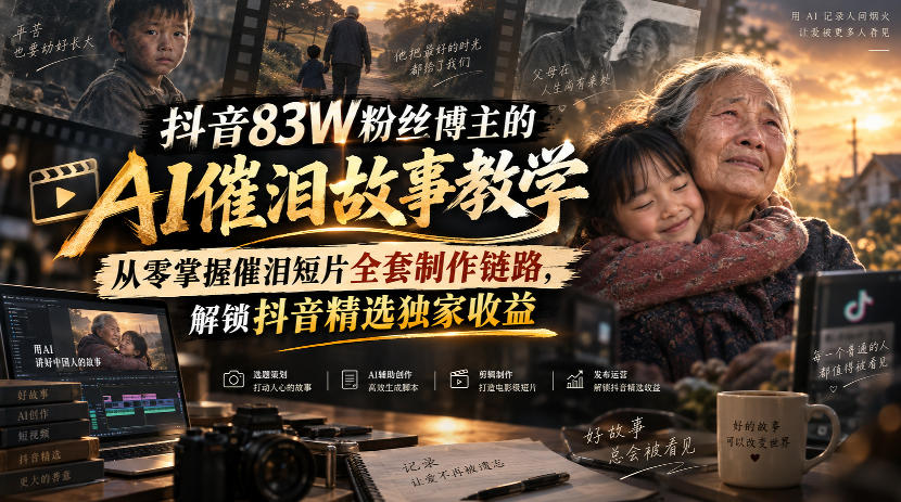抖音83W粉丝博主的AI催泪故事教学,从零掌握催泪短片全套制作链路,解锁抖音精选独家收益-网创之家