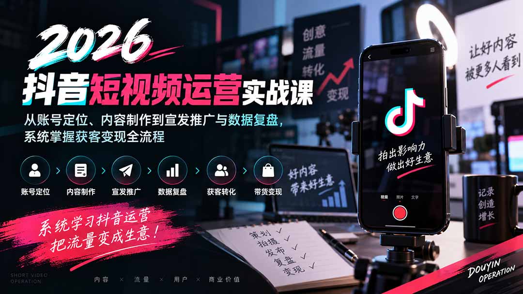 2026抖音短视频运营实战课：从账号定位、内容制作到宣发推广与数据复盘，系统掌握获客变现全流程-网创之家