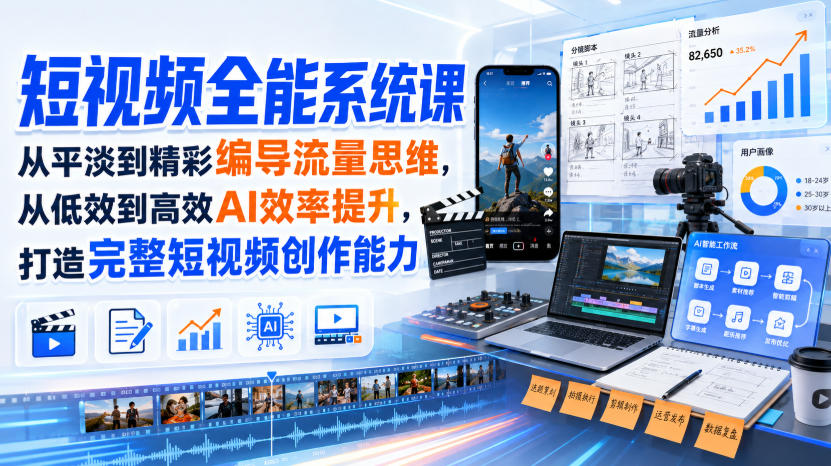 短视频全能系统课,从平淡到精彩编导流量思维,从低效到高效AI效率提升,打造完整短视频创作能力(完整版)-网创之家
