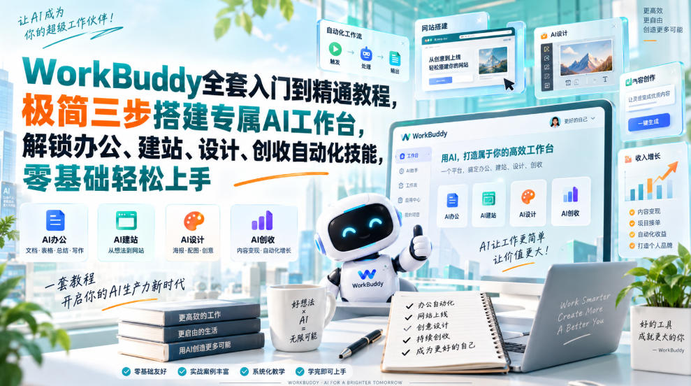 WorkBuddy全套入门到精通教程,极简三步搭建专属AI工作台,解锁办公、建站、设计、创收自动化技能,零基础轻松上手-网创之家