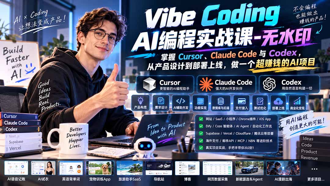 Vibe Coding AI编程实战课-无水印:掌握Cursor、Claude Code与Codex,从产品设计到部署上线,做一个超赚钱的AI项目-网创之家