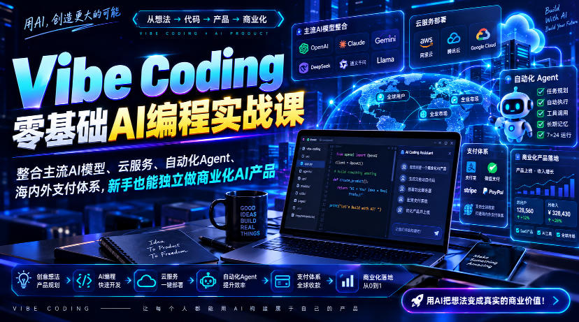 Vibe Coding零基础AI编程实战课-无水印,整合主流AI模型、云服务、自动化Agent、海内外支付体系,新手也能独立做商业化AI产品-网创之家