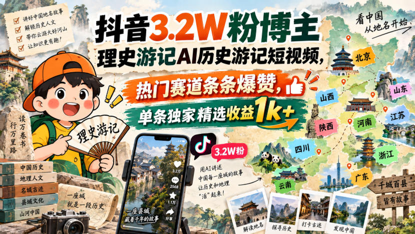 抖音3.2W粉博主理史游记AI历史游记短视频教学,热门赛道条条爆赞,单条独家精选收益1k+-网创之家