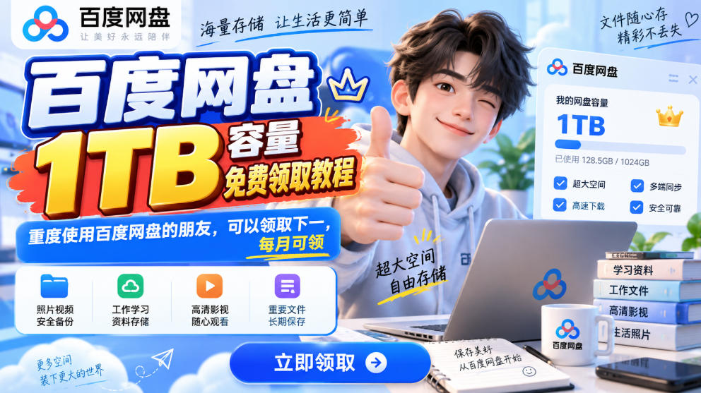 百度网盘1TB容量免费领取教程，重度使用百度网盘的朋友，可以领取下一，每月可领-网创之家