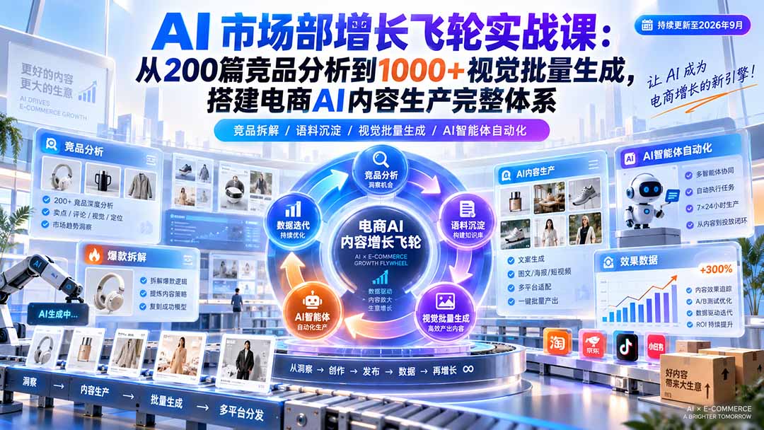 AI 市场部增长飞轮实战课:从200篇竞品分析到1000+视觉批量生成,搭建电商AI内容生产完整体系-网创之家