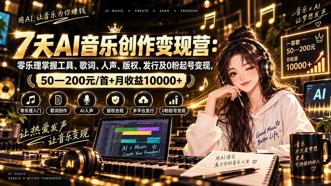 AI音乐创作变现营:零乐理掌握工具、歌词、人声、版权、发行及0粉起号变现,50—200元/首+月收益10000+-网创之家