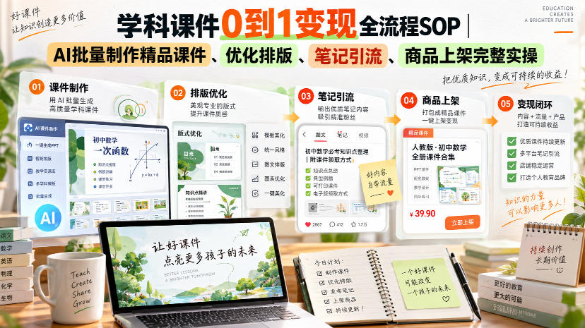 学科课件0到1变现全流程SOP|AI批量制作精品课件、优化排版、笔记引流、商品上架完整实操-网创之家