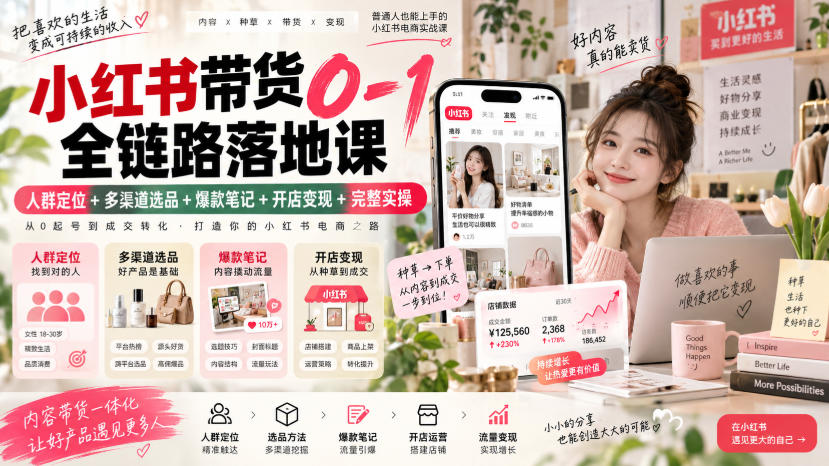 小红书带货0-1全链路落地课｜人群定位+多渠道选品+爆款笔记+开店变现完整实操-网创之家