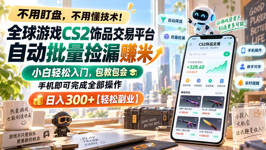 全球游戏CS2饰品交易平台自动批量捡漏赚米，小白轻松入门，包教包会，手机即可完成全部操作，日入300+【轻松副业】-网创之家