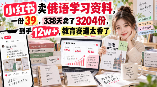 小红书卖俄语学习资料，一份39，338天卖了3204份，到手12w+，教育赛道太香了-网创之家