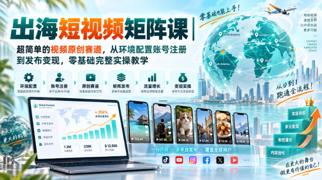 出海短视频矩阵课｜超简单的视频原创赛道，从环境配置账号注册到发布变现，零基础完整实操教学-网创之家