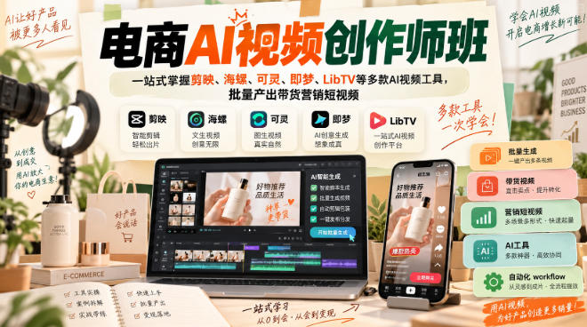 电商AI视频创作师班,一站式掌握剪映、海螺、可灵、即梦、LibTV等多款AI视频工具,批量产出带货营销短视频-网创之家