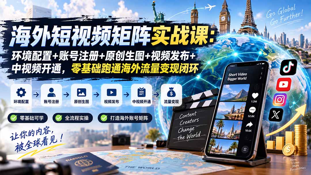 海外短视频矩阵实战课:环境配置+账号注册+原创生图+视频发布+中视频开通,零基础跑通海外流量变现闭环-网创之家