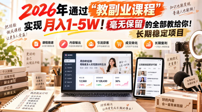 2026年通过“教副业课程”实现月入1-5W!毫无保留的全部教给你!长期稳定项目-网创之家