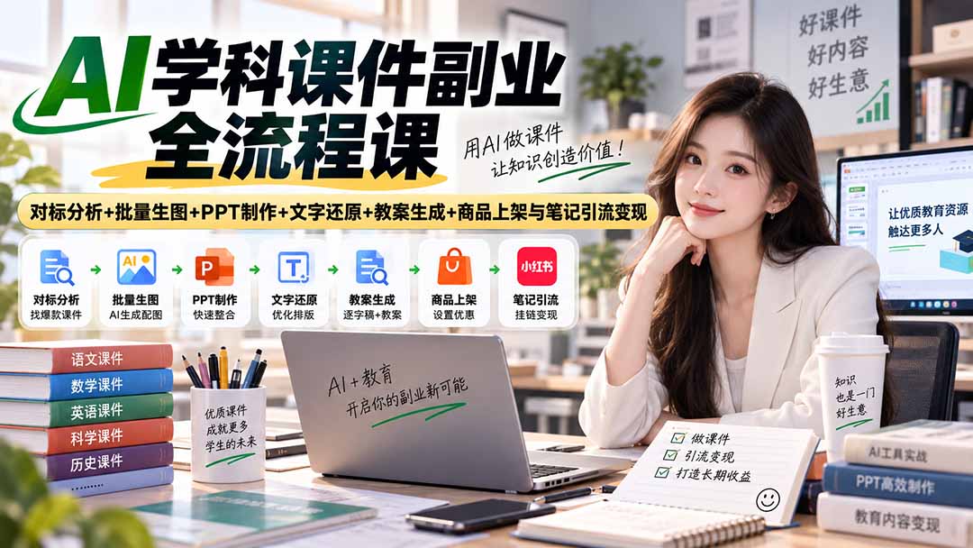 AI学科课件副业全流程课｜对标分析+批量生图+PPT制作+文字还原+教案生成+商品上架与笔记引流变现-网创之家