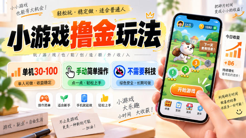 小游戏撸金玩法，单机30-100，手动简单操作，不需要科技-网创之家