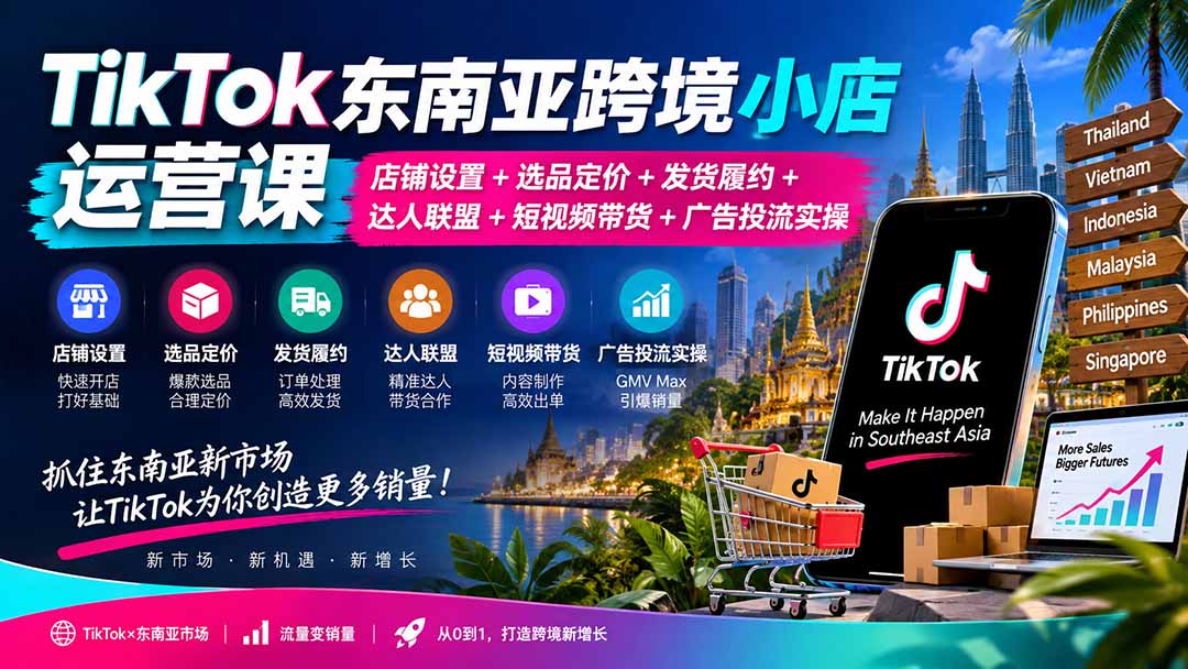 TikTok东南亚跨境小店运营课：店铺设置+选品定价+发货履约+达人联盟+短视频带货+广告投流实操-网创之家