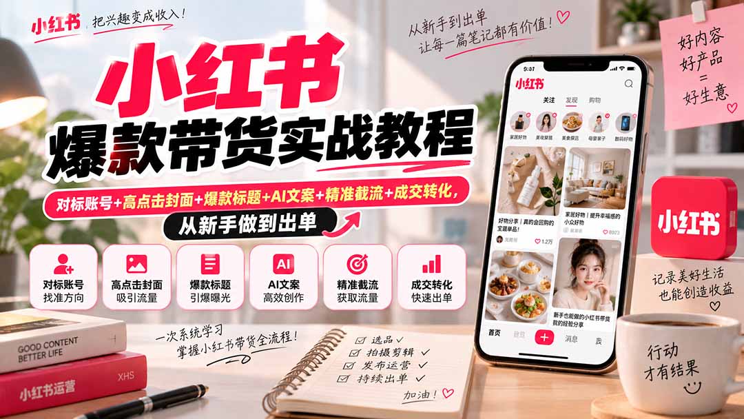 小红书爆款带货实战教程|对标账号+高点击封面+爆款标题+AI文案+精准截流+成交转化,从新手做到出单-网创之家