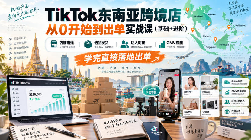 TikTok东南亚跨境店从0开始到出单实战课(基础+进阶)，店铺搭建、选品发货、达人对接、GMV投流，学完直接落地出单-网创之家