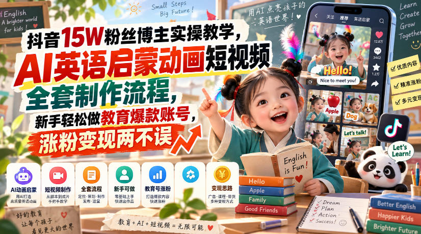 抖音15W粉丝博主实操教学,AI英语启蒙动画短视频全套制作流程,新手轻松做教育爆款账号,涨粉变现两不误-网创之家