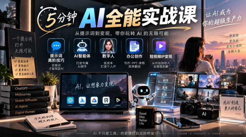 5分钟AI全能实战课|提示词高阶技巧+AI智能体+数字人+办公创作+短视频IP变现全教程-网创之家