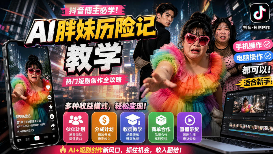 抖音博主的AI胖妹历险记教学，伙伴计划+分成计划+收徒+商单等多种收益，适合新手，手机电脑都可以操作-网创之家