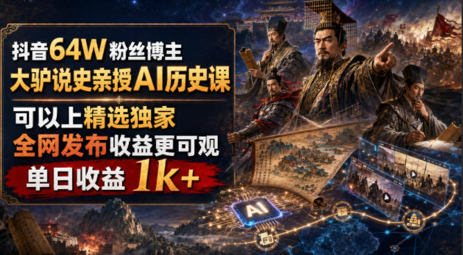 抖音64W粉丝博主大驴说史亲授AI历史课,可以上精选独家,全网发布收益更可观,单日收益1k+(更新)-网创之家