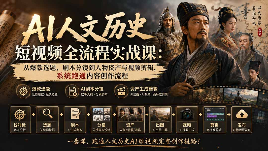 AI人文历史短视频全流程实战课-更新：从爆款选题、剧本分镜到人物资产与视频剪辑，系统跑通内容创作流程-网创之家