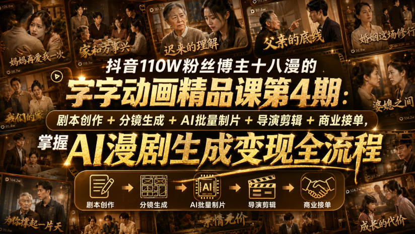抖音110W粉丝博主十八漫的字字动画精品课第4期：剧本创作+分镜生成+剪辑+商业接单，掌握AI漫剧生成变现全流程(更新0916)-网创之家